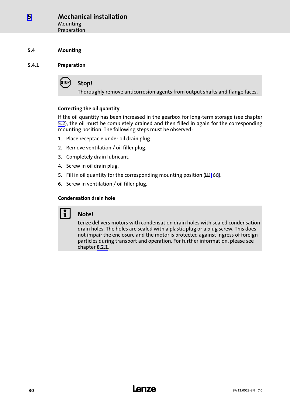 4 mounting, 1 preparation, Mounting | Preparation, Addendum to ch. 5.4.1 preparatory work | Lenze GSS User Manual | Page 30 / 80