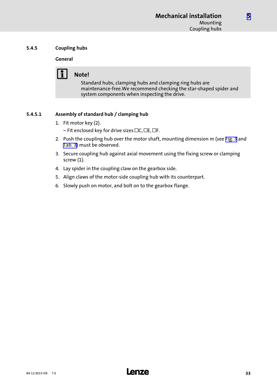 5 coupling hubs, Coupling hubs, Mechanical installation | Lenze GSS User Manual | Page 33 / 80