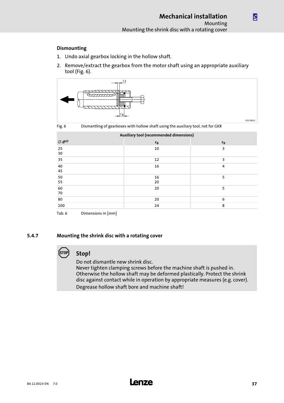 7 mounting the shrink disc with a rotating cover, Mounting the shrink disc with a rotating cover, Mechanical installation | Stop | Lenze GSS User Manual | Page 37 / 80