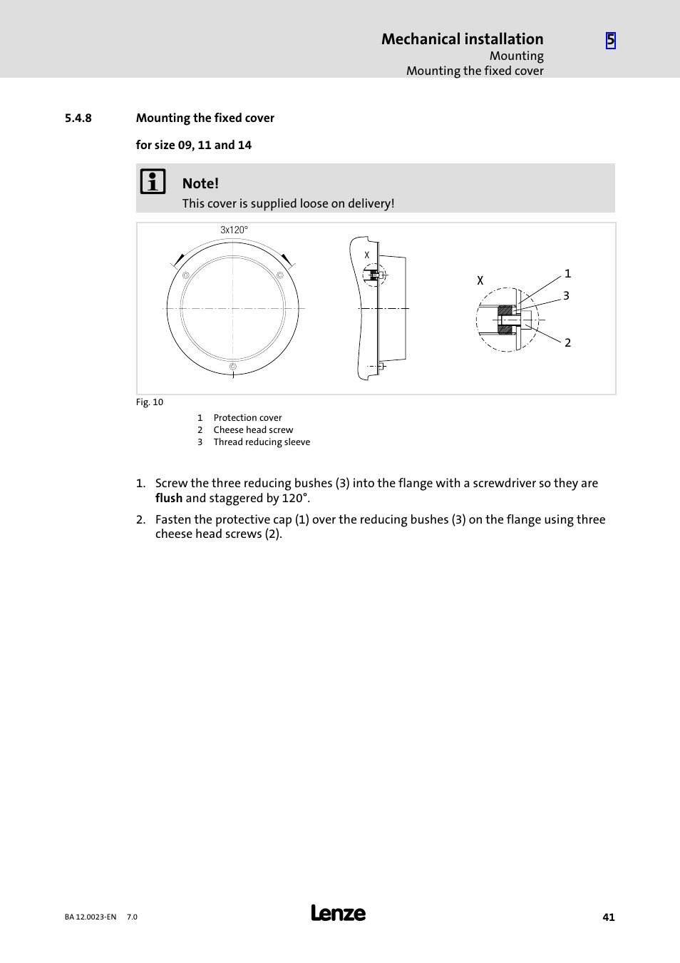 8 mounting the fixed cover, Mounting the fixed cover, Ch. 5.4.8 | Mechanical installation | Lenze GSS User Manual | Page 41 / 80