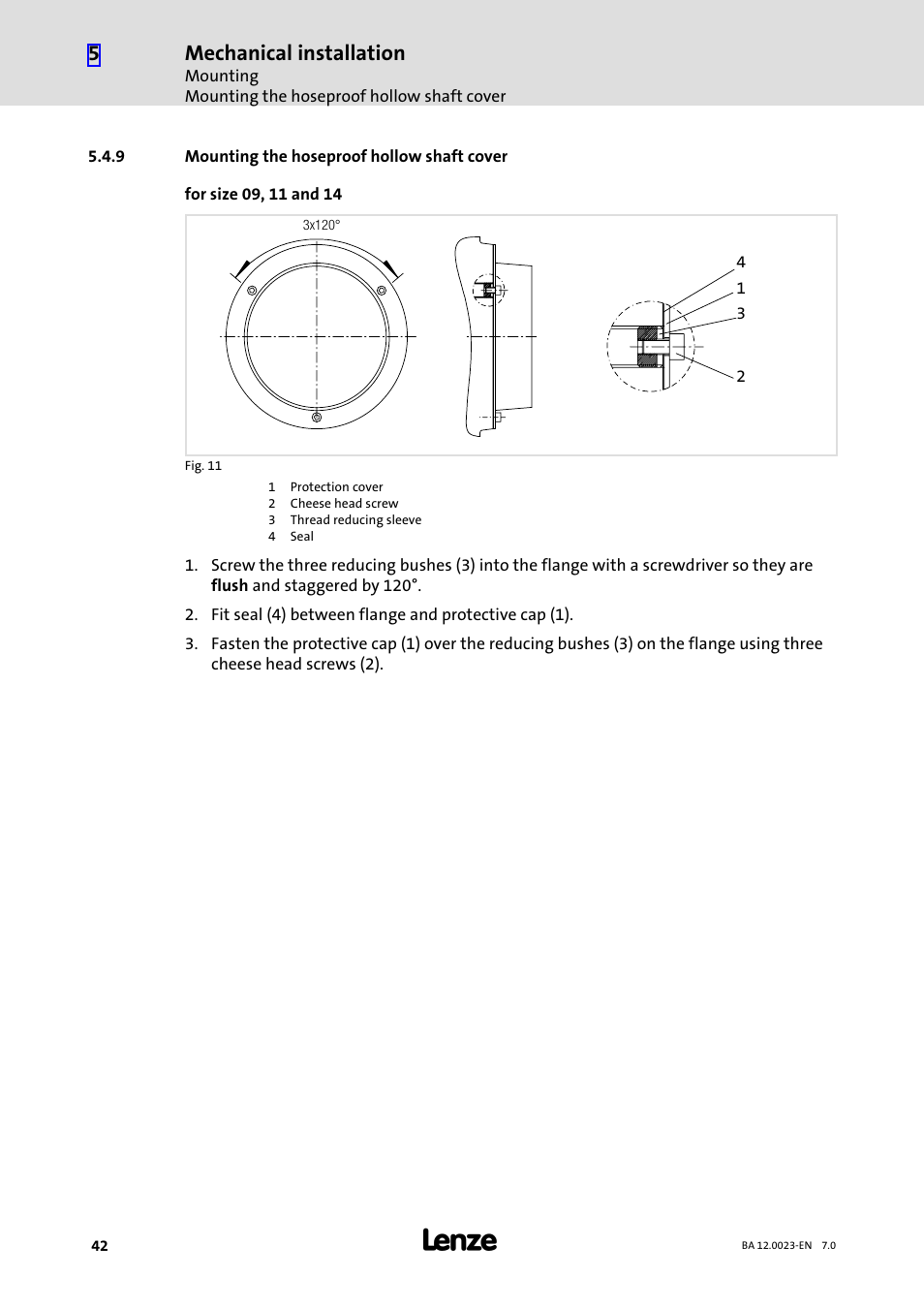 9 mounting the hoseproof hollow shaft cover, Mounting the hoseproof hollow shaft cover, Mechanical installation | Lenze GSS User Manual | Page 42 / 80