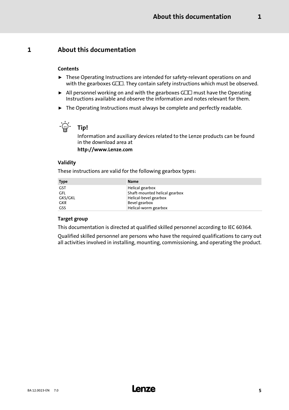 1 about this documentation, About this documentation, About this documentation 1 | 1about this documentation | Lenze GSS User Manual | Page 5 / 80