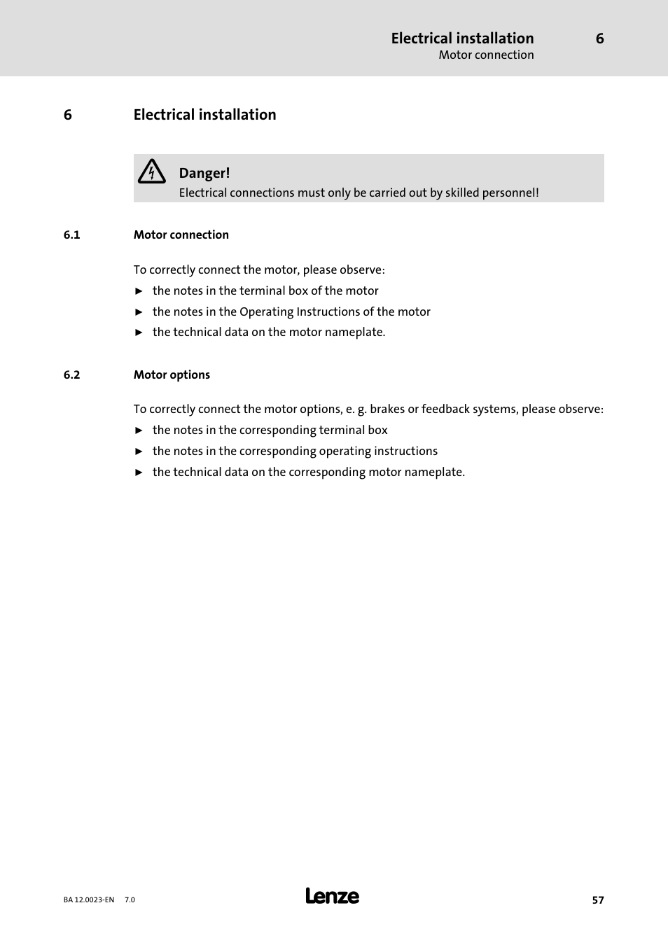 6 electrical installation, 1 motor connection, 2 motor options | Electrical installation, Motor connection, Motor options, 6electrical installation | Lenze GSS User Manual | Page 57 / 80