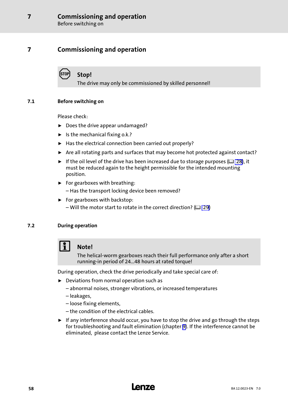 7 commissioning and operation, 1 before switching on, 2 during operation | Commissioning and operation, Before switching on, During operation, 7commissioning and operation | Lenze GSS User Manual | Page 58 / 80
