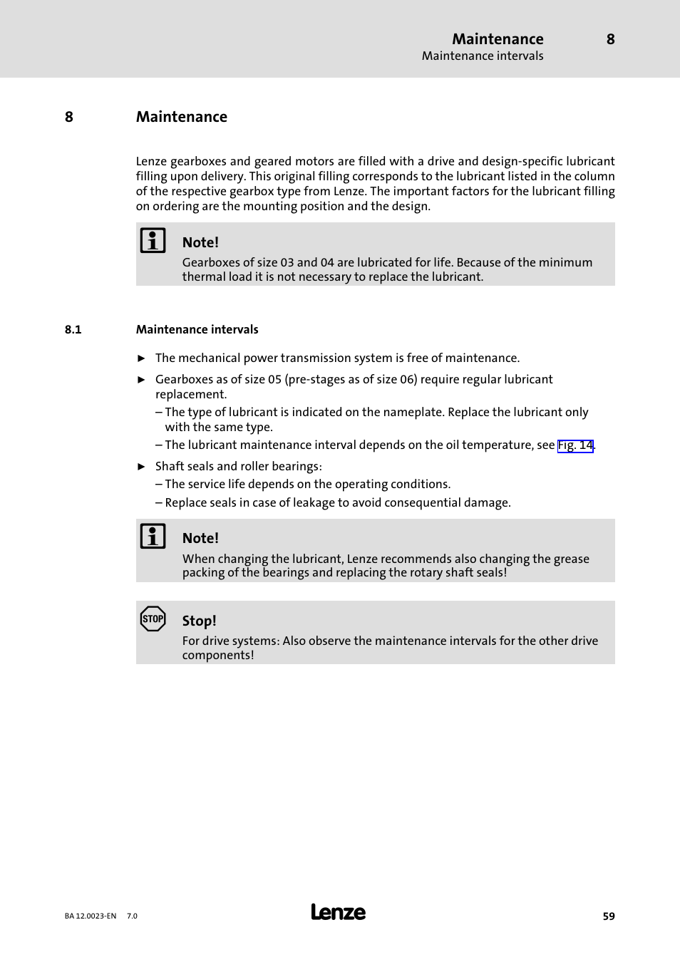 8 maintenance, 1 maintenance intervals, Maintenance | Maintenance intervals | Lenze GSS User Manual | Page 59 / 80