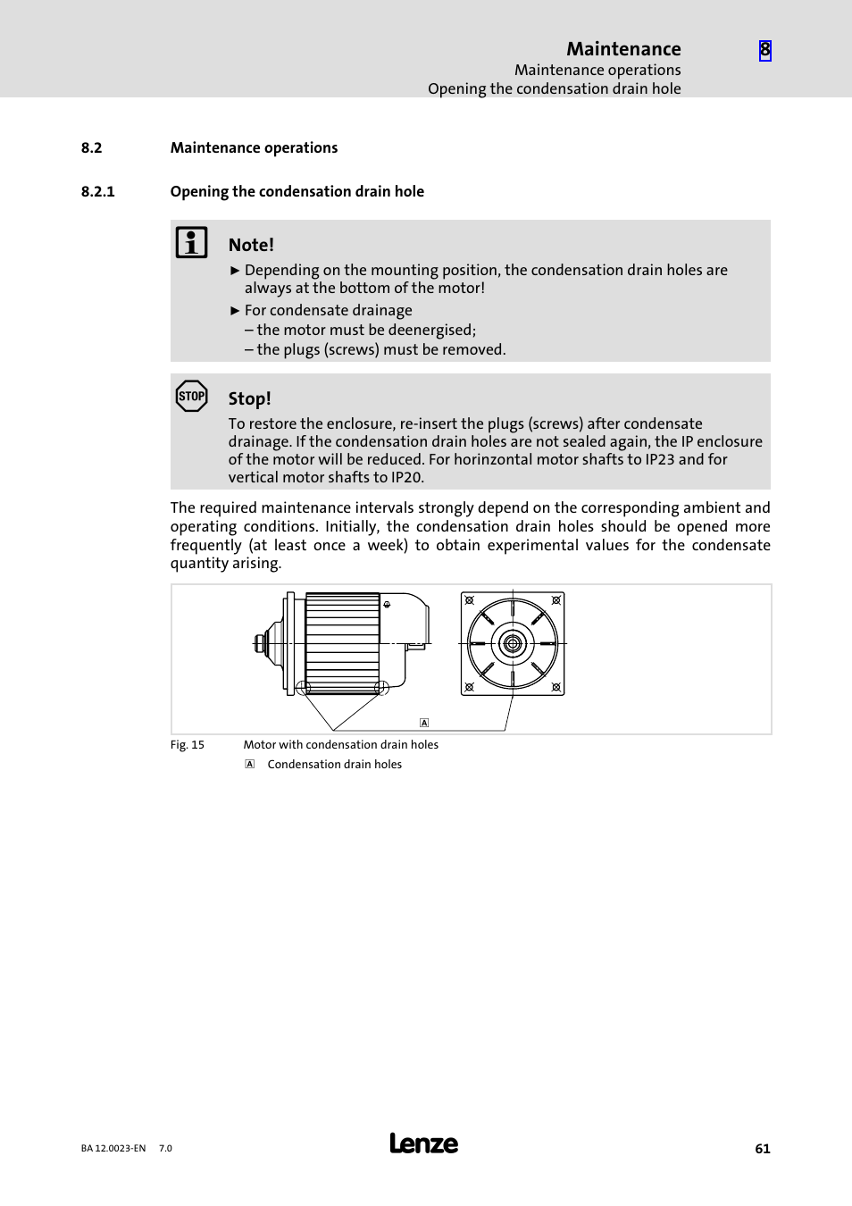 2 maintenance operations, 1 opening the condensation drain hole, Maintenance operations | Opening the condensation drain hole, Chapter 8.2.1, Maintenance | Lenze GSS User Manual | Page 61 / 80