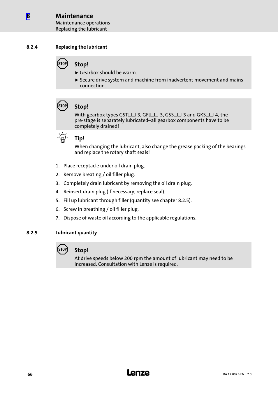 4 replacing the lubricant, 5 lubricant quantity, Replacing the lubricant | Lubricant quantity | Lenze GSS User Manual | Page 66 / 80