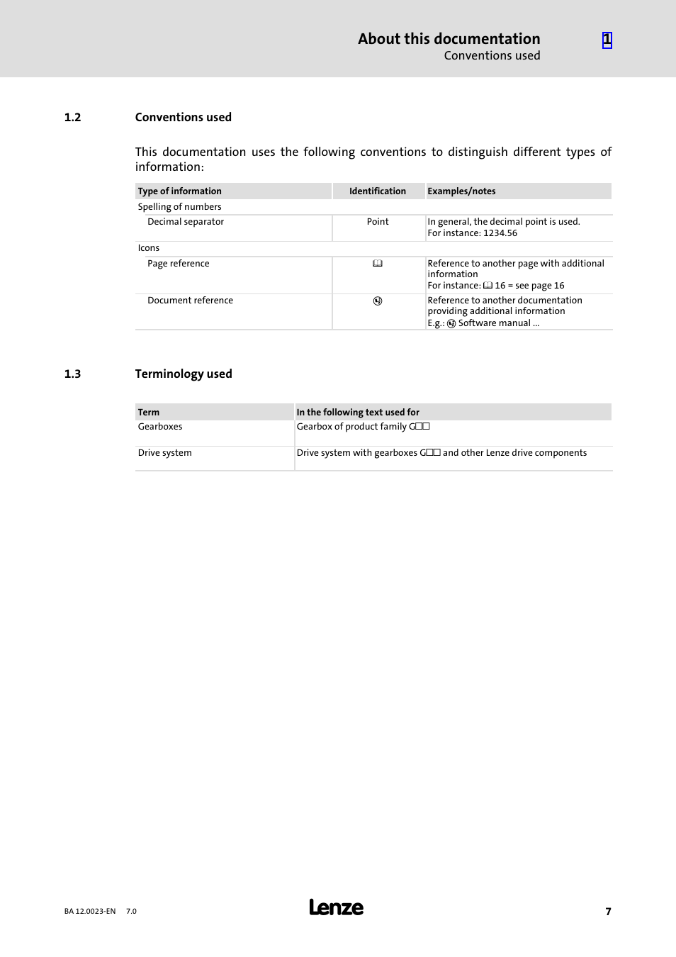 2 conventions used, 3 terminology used, Conventions used | Terminology used, About this documentation | Lenze GSS User Manual | Page 7 / 80