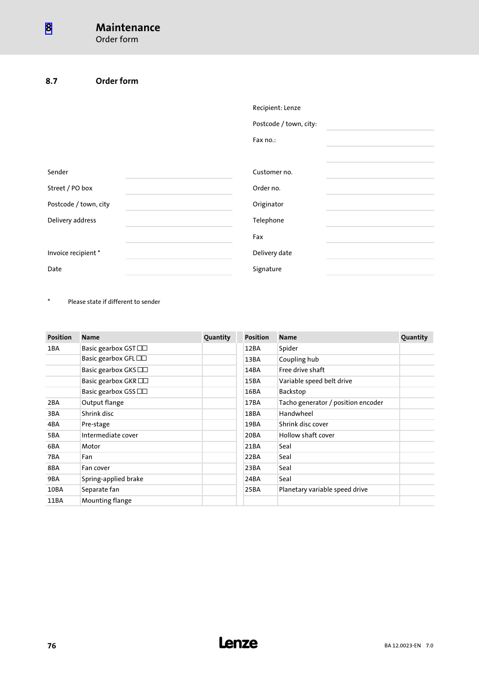 7 order form, Order form, Maintenance | Lenze GSS User Manual | Page 76 / 80