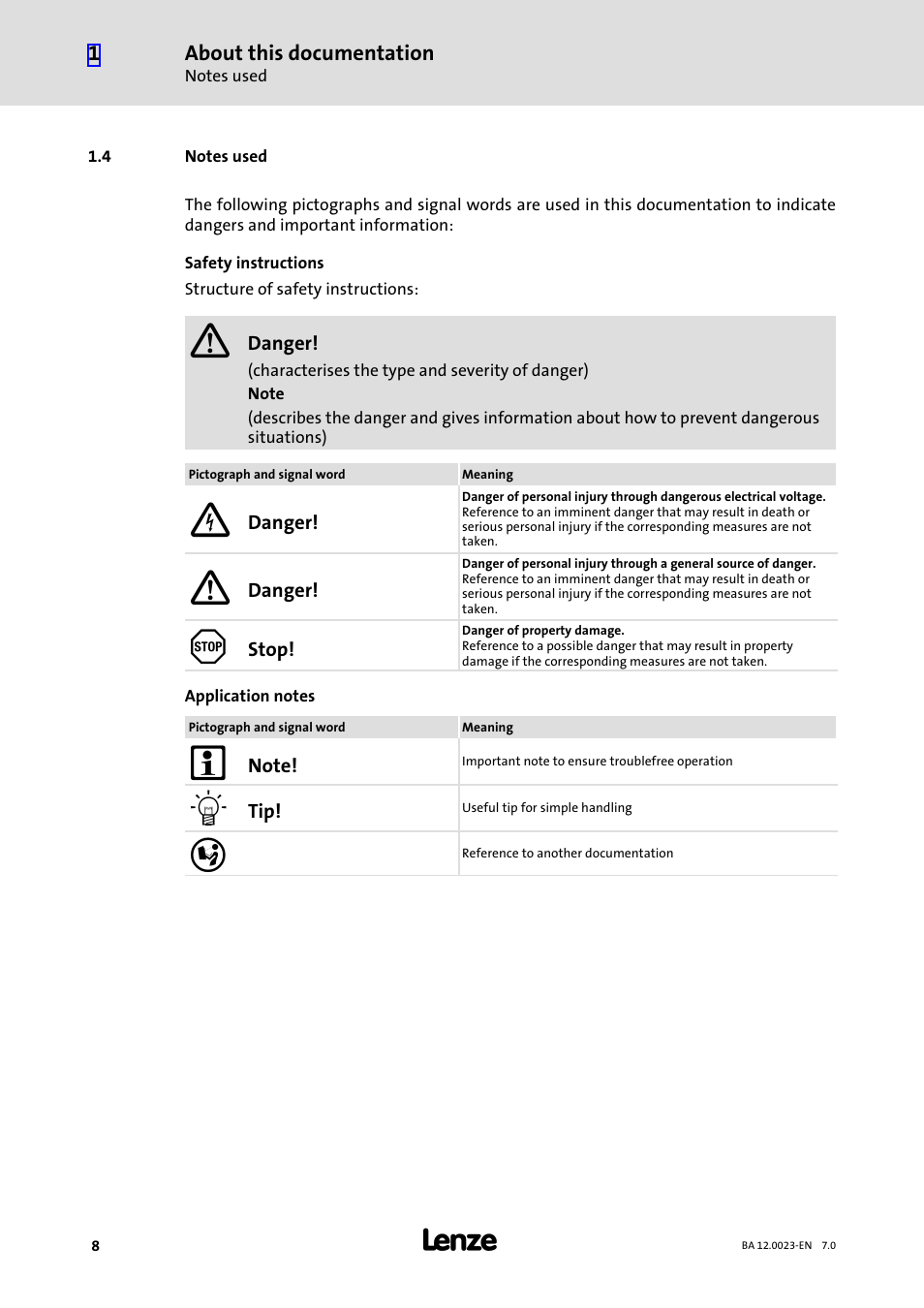 4 notes used, Notes used | Lenze GSS User Manual | Page 8 / 80