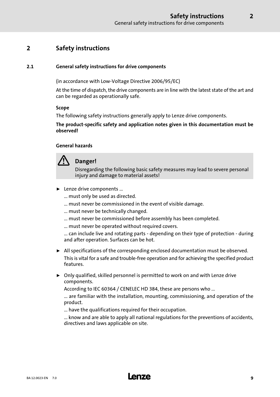 2 safety instructions, 1 general safety instructions for drive components, Safety instructions | General safety instructions for drive components | Lenze GSS User Manual | Page 9 / 80