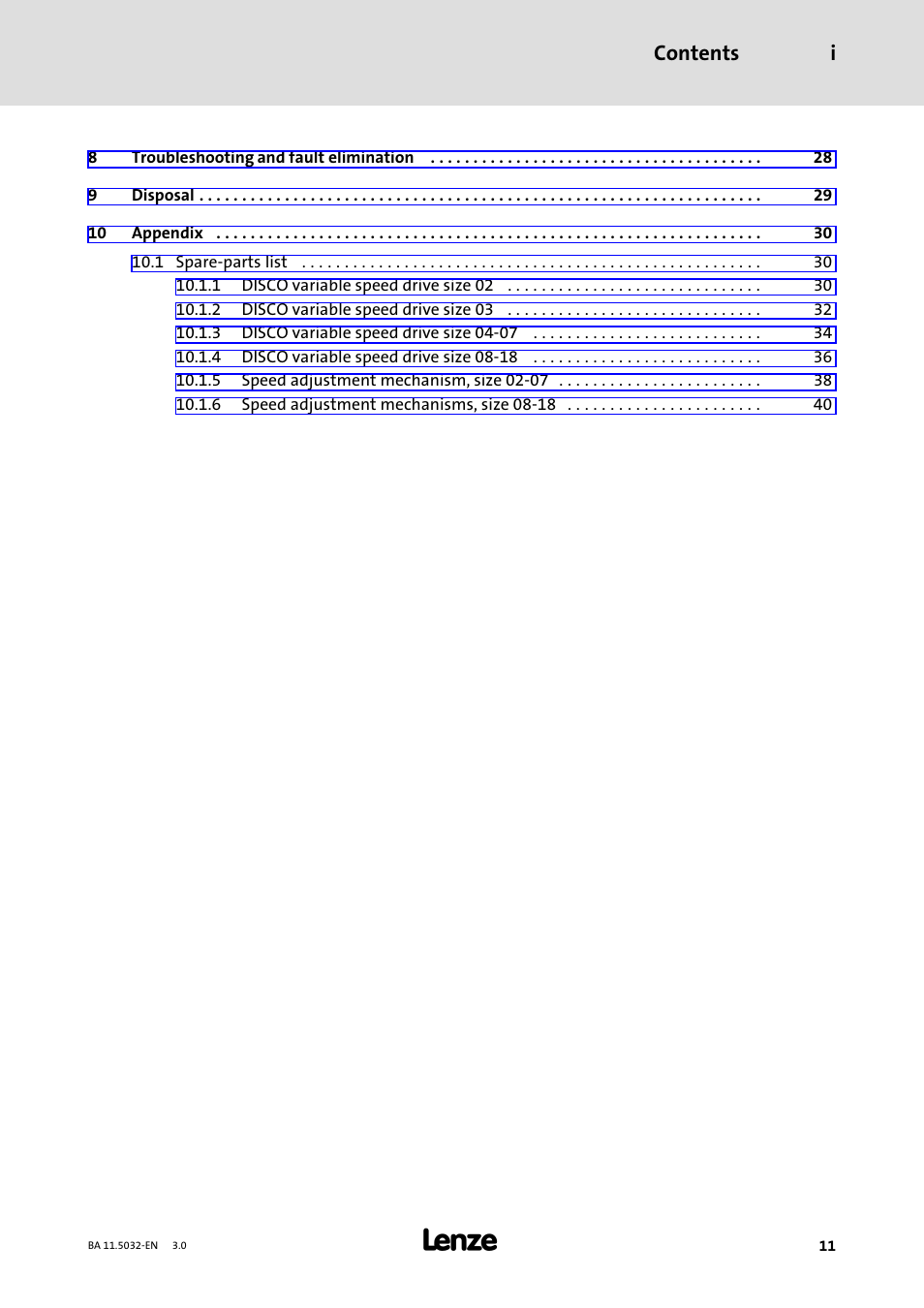 Contents i | Lenze DISCO−Variable speed drive User Manual | Page 11 / 44