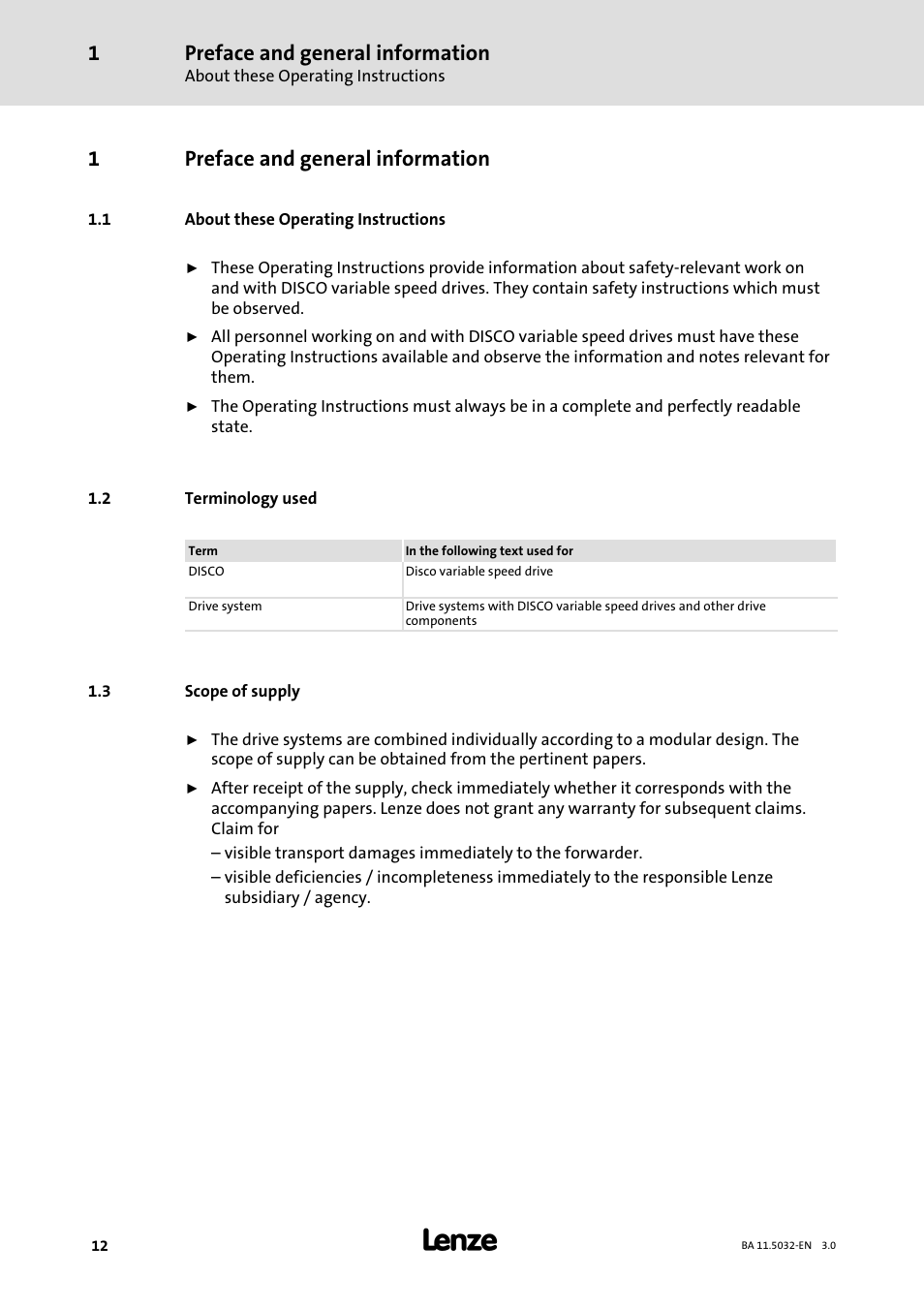 1 preface and general information, 1 about these operating instructions, 2 terminology used | 3 scope of supply, Preface and general information, About these operating instructions, Terminology used, Scope of supply, 1preface and general information | Lenze DISCO−Variable speed drive User Manual | Page 12 / 44