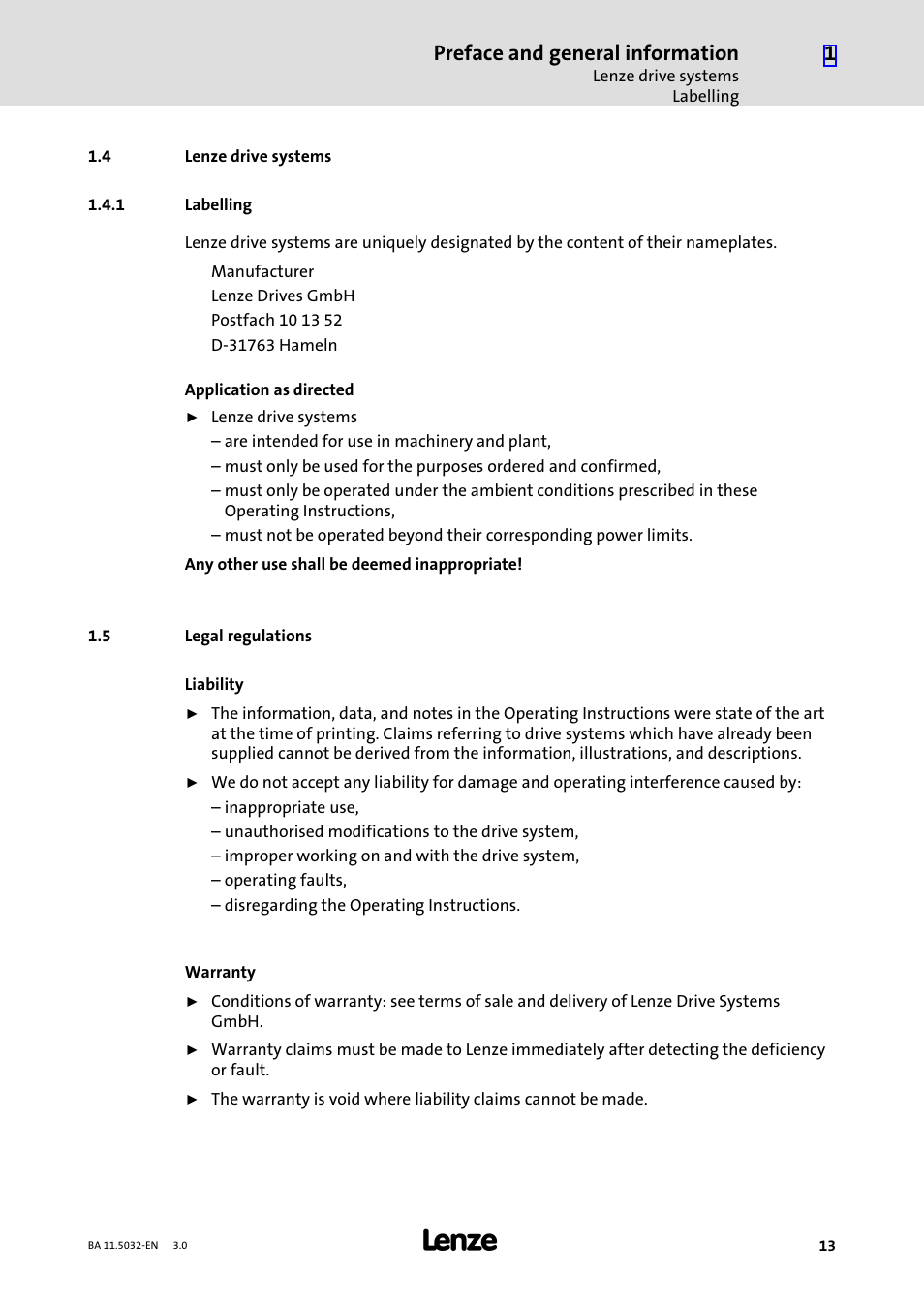 4 lenze drive systems, 1 labelling, 5 legal regulations | Lenze drive systems, Labelling, Legal regulations, Preface and general information | Lenze DISCO−Variable speed drive User Manual | Page 13 / 44