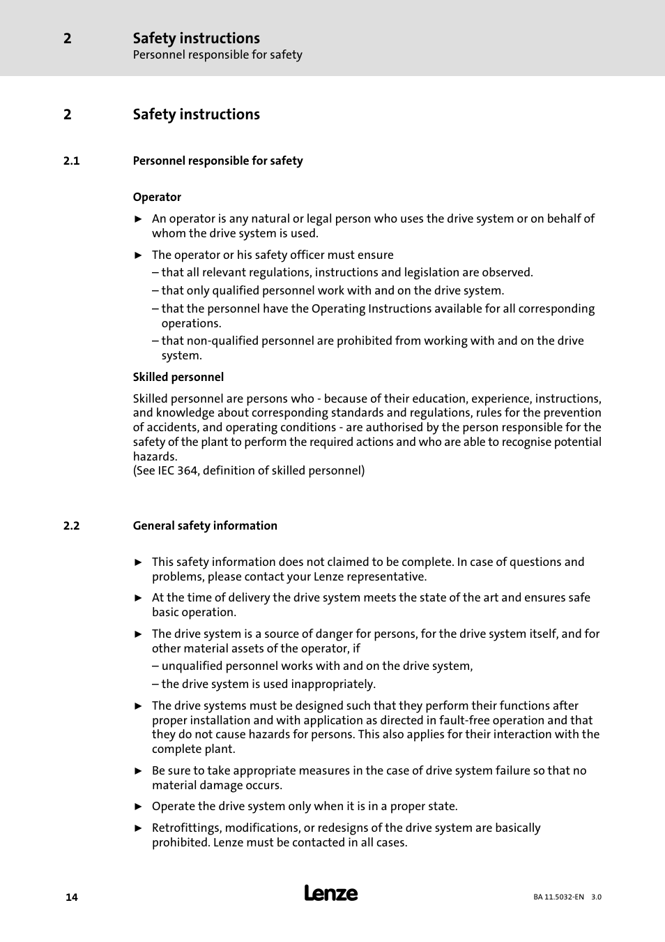 2 safety instructions, 1 personnel responsible for safety, 2 general safety information | Safety instructions, Personnel responsible for safety, General safety information, 2safety instructions | Lenze DISCO−Variable speed drive User Manual | Page 14 / 44