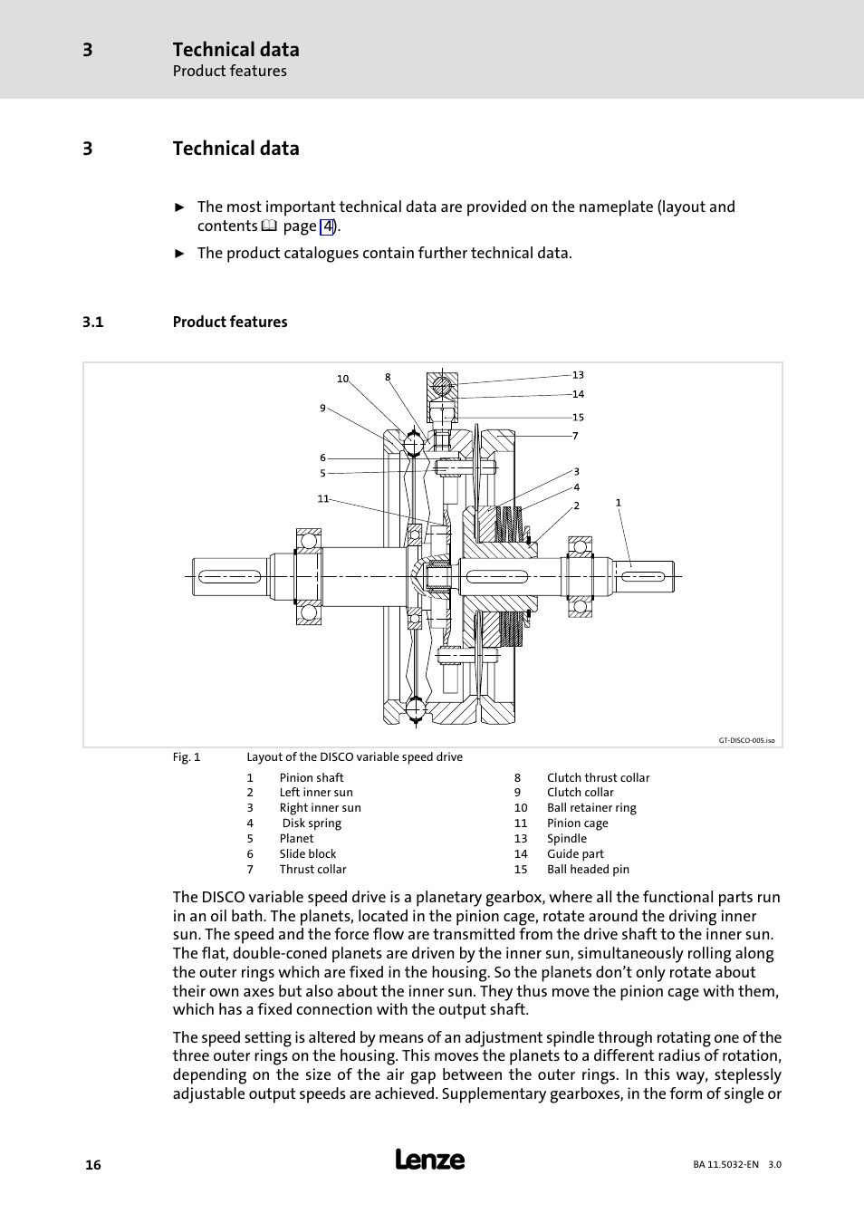 3 technical data, 1 product features, Technical data | Product features, 3technical data | Lenze DISCO−Variable speed drive User Manual | Page 16 / 44