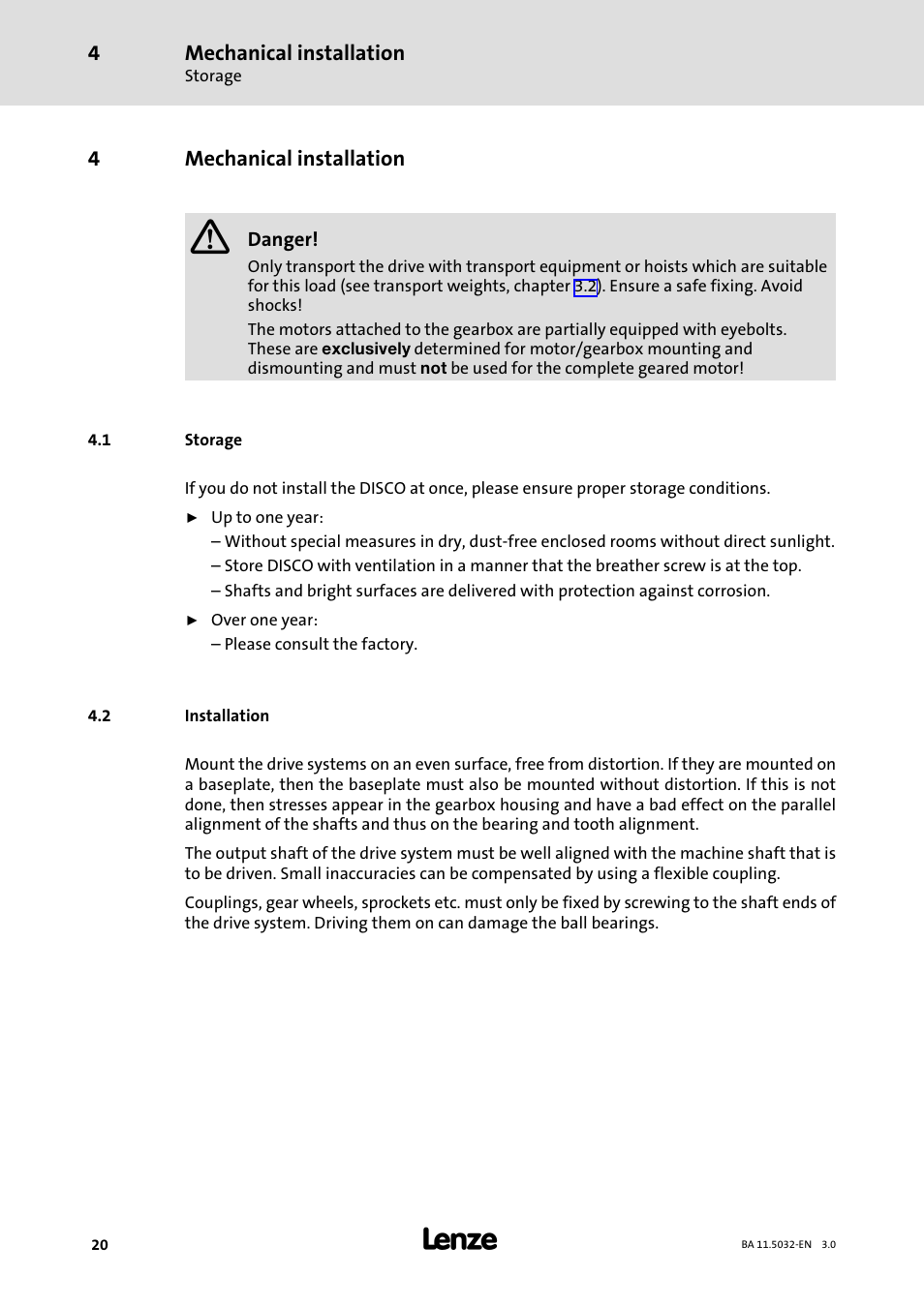 4 mechanical installation, 1 storage, 2 installation | Mechanical installation, Storage, Installation | Lenze DISCO−Variable speed drive User Manual | Page 20 / 44