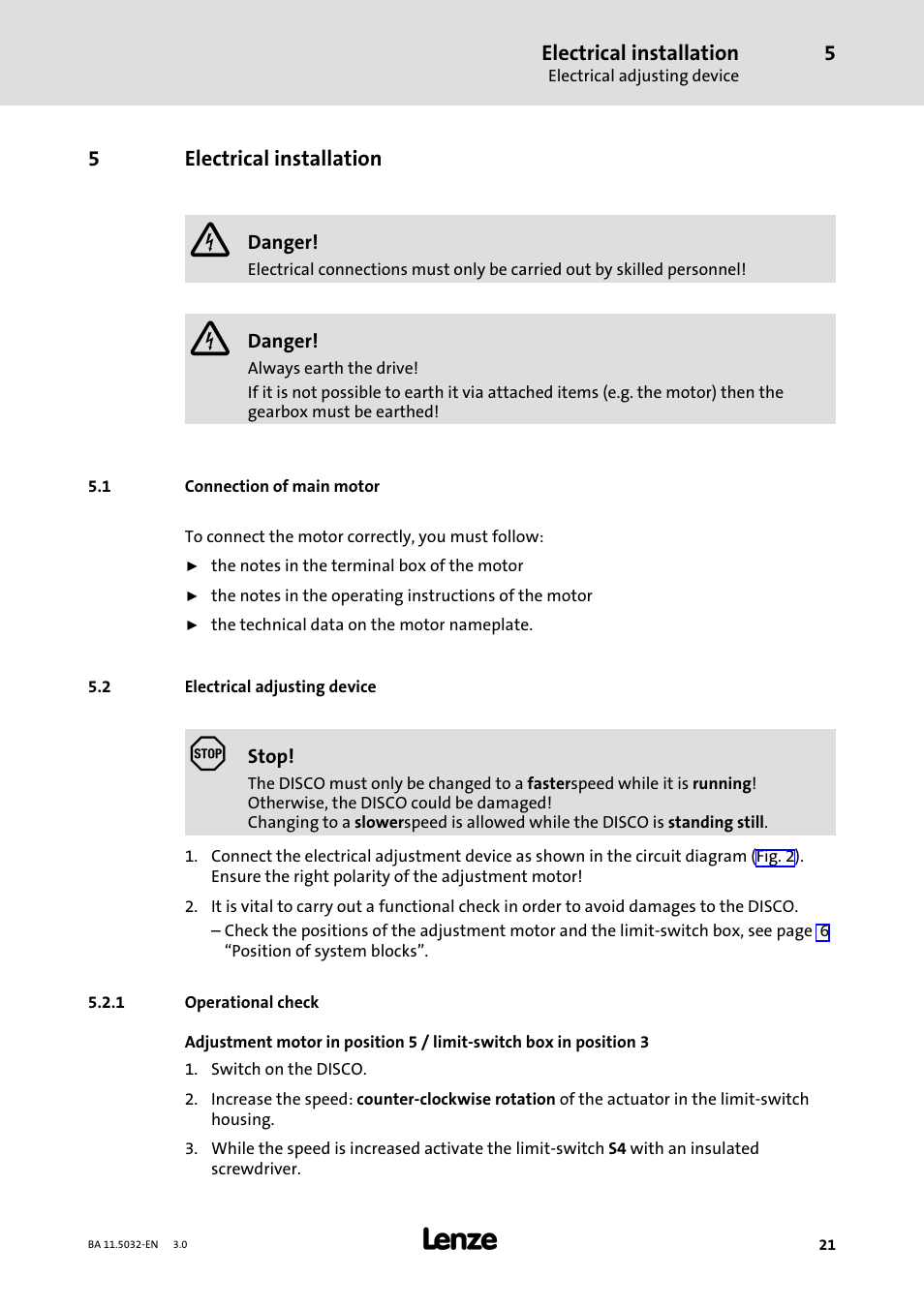 5 electrical installation, 1 connection of main motor, 2 electrical adjusting device | 1 operational check, Electrical installation, Connection of main motor, Electrical adjusting device, Operational check | Lenze DISCO−Variable speed drive User Manual | Page 21 / 44