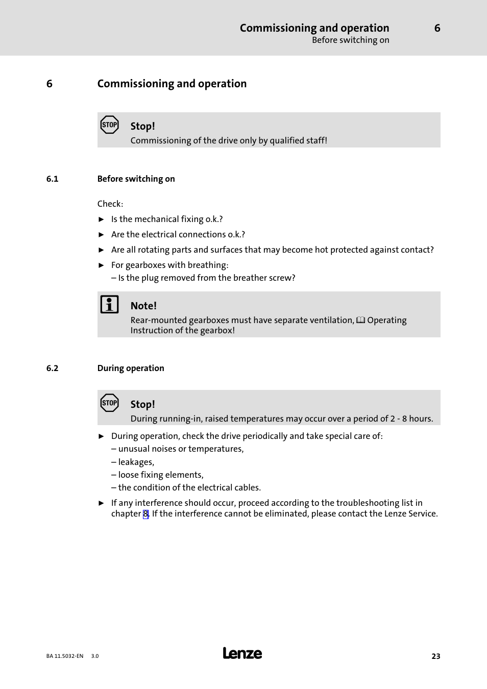 6 commissioning and operation, 1 before switching on, 2 during operation | Commissioning and operation, Before switching on, During operation | Lenze DISCO−Variable speed drive User Manual | Page 23 / 44