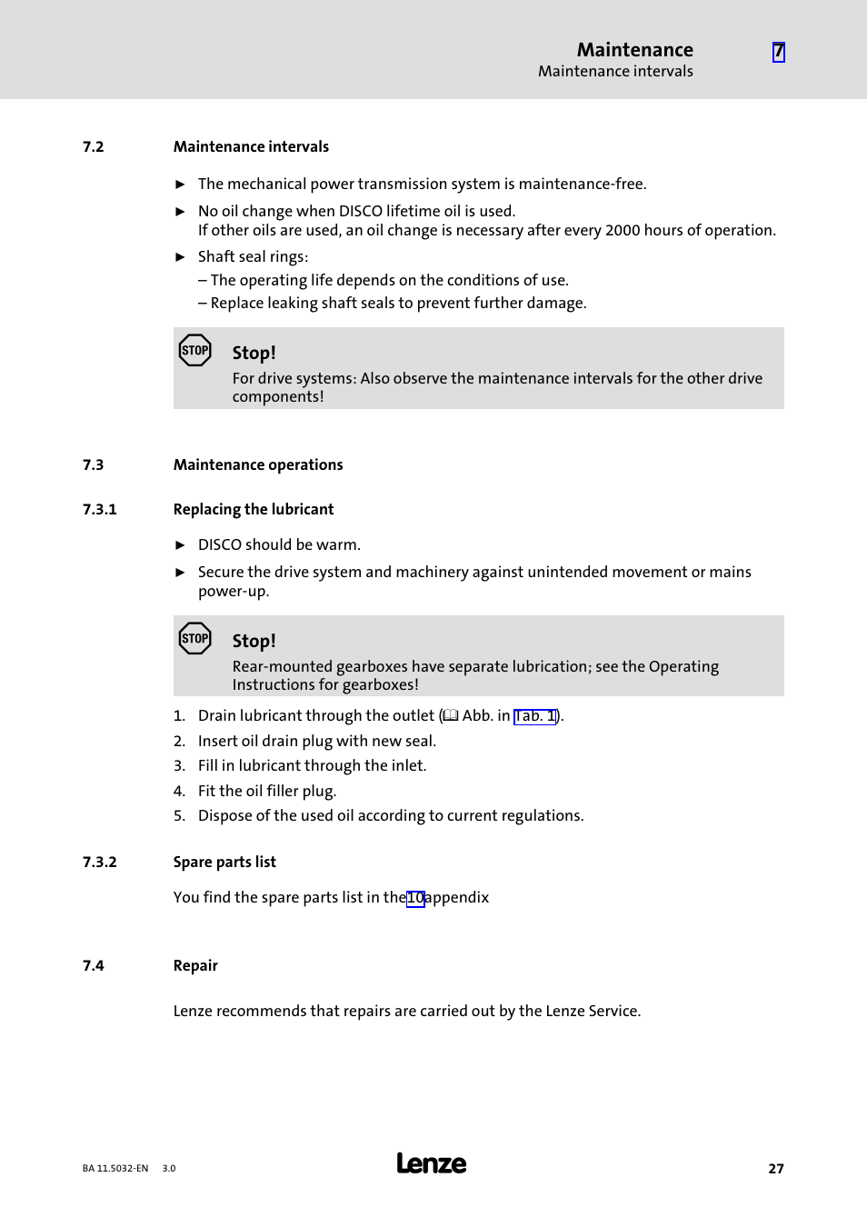 2 maintenance intervals, 3 maintenance operations, 1 replacing the lubricant | 2 spare parts list, 4 repair, Maintenance intervals, Maintenance operations, Replacing the lubricant, Spare parts list, Repair | Lenze DISCO−Variable speed drive User Manual | Page 27 / 44