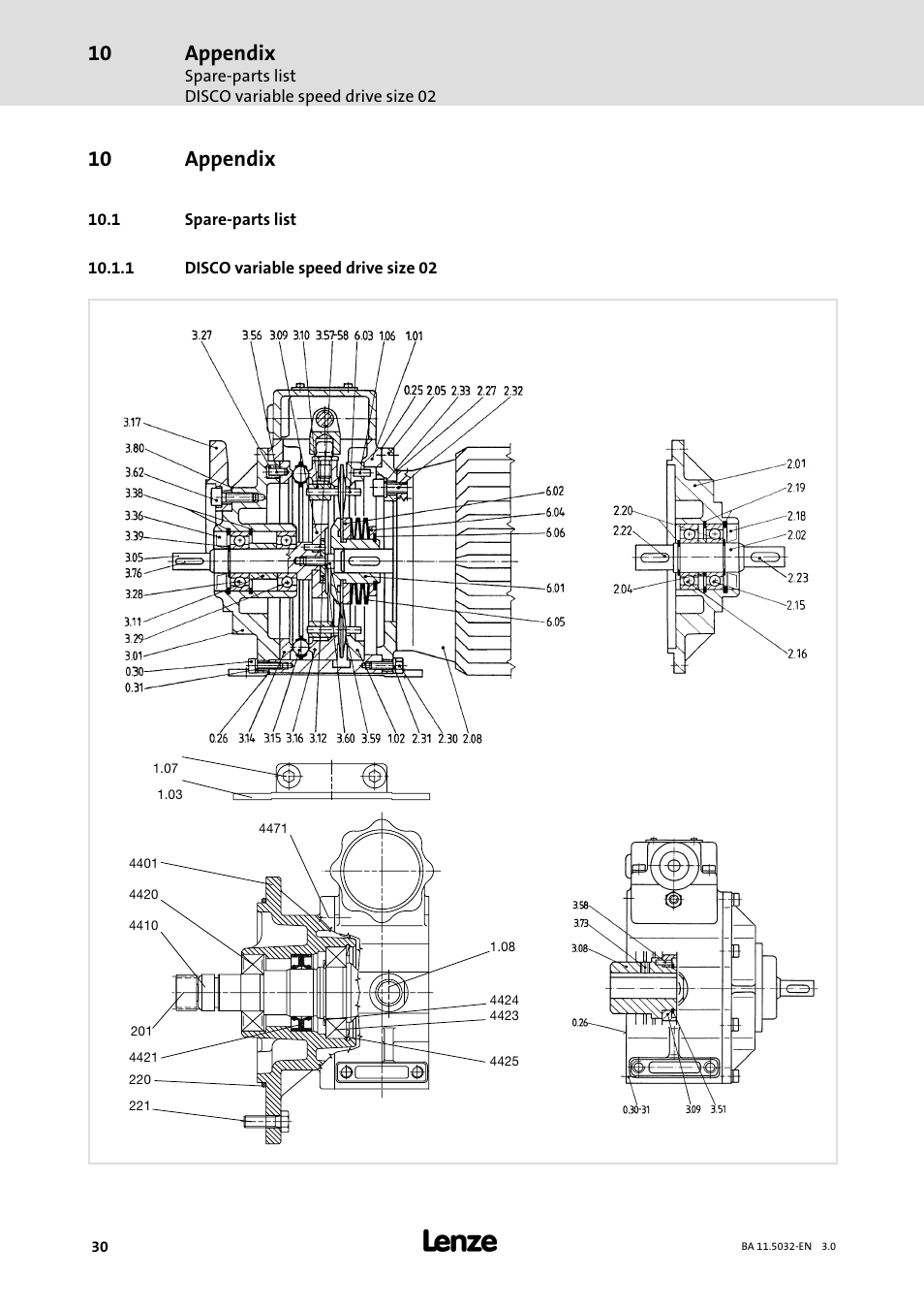 10 appendix, 1 spare-parts list, 1 disco variable speed drive size 02 | Appendix, 1 spare−parts list, Disco variable speed drive size 02 | Lenze DISCO−Variable speed drive User Manual | Page 30 / 44