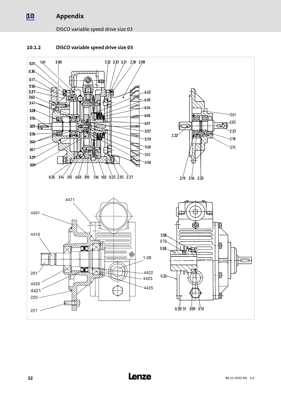 2 disco variable speed drive size 03, Disco variable speed drive size 03, Appendix | Lenze DISCO−Variable speed drive User Manual | Page 32 / 44