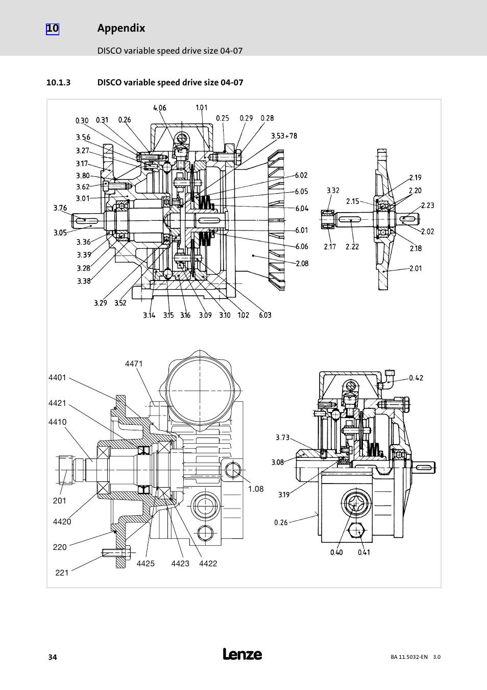 3 disco variable speed drive size 04-07, Disco variable speed drive size 04−07, Appendix | Lenze DISCO−Variable speed drive User Manual | Page 34 / 44