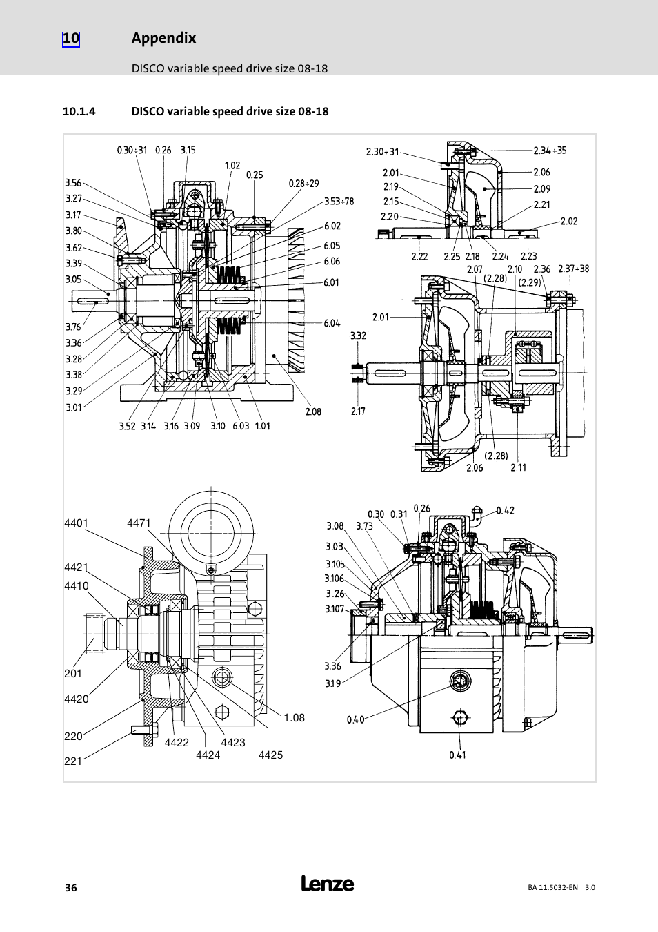 4 disco variable speed drive size 08-18, Disco variable speed drive size 08−18, Appendix | Lenze DISCO−Variable speed drive User Manual | Page 36 / 44