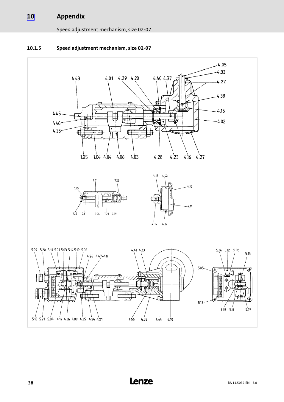 5 speed adjustment mechanism, size 02-07, Speed adjustment mechanism, size 02−07 | Lenze DISCO−Variable speed drive User Manual | Page 38 / 44