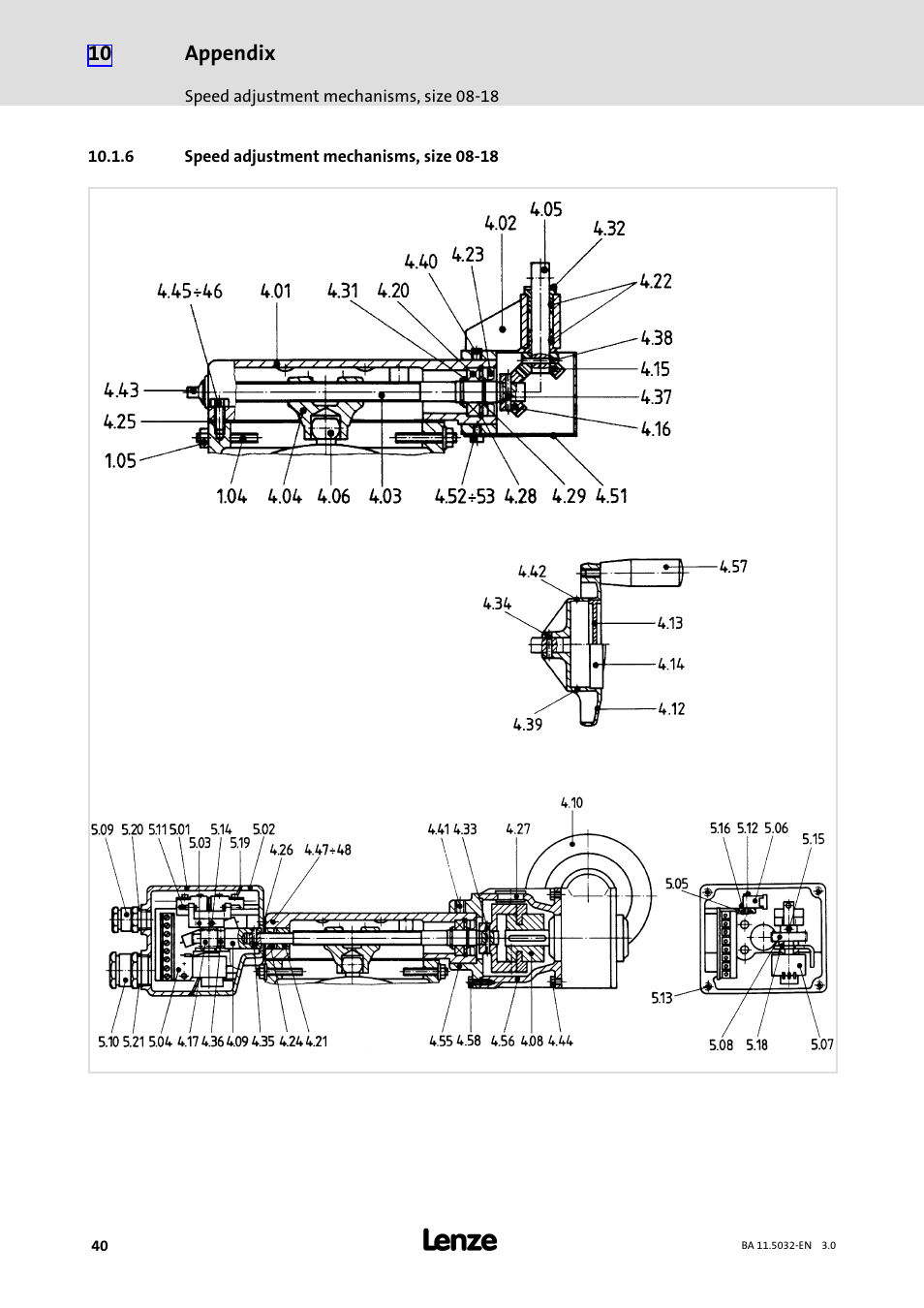 6 speed adjustment mechanisms, size 08-18, Speed adjustment mechanisms, size 08−18 | Lenze DISCO−Variable speed drive User Manual | Page 40 / 44