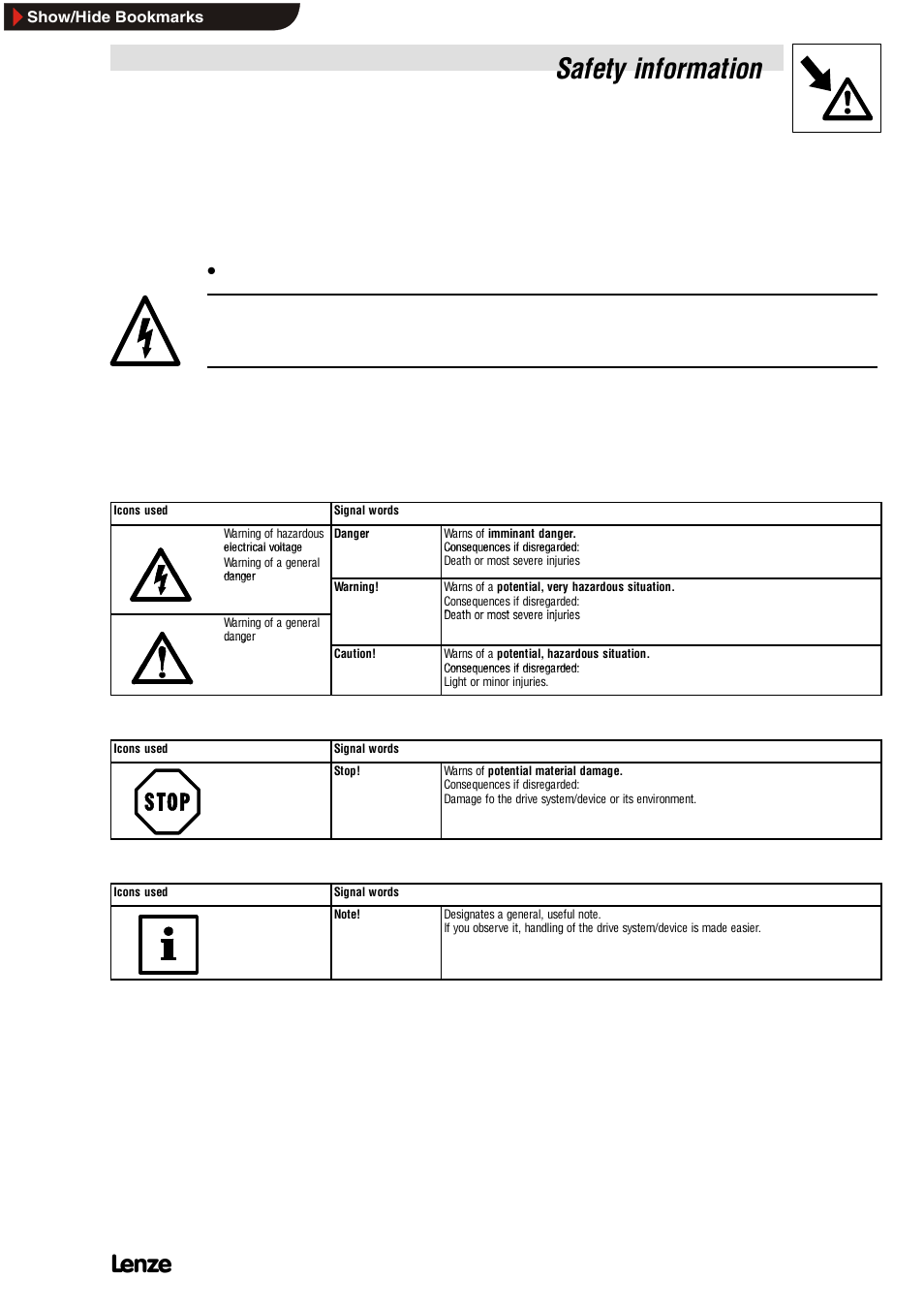 3 layout of the safety information, Layout of the safety information, Safety information | Signalwort | Lenze SIMPLABELT Compact Units User Manual | Page 11 / 30