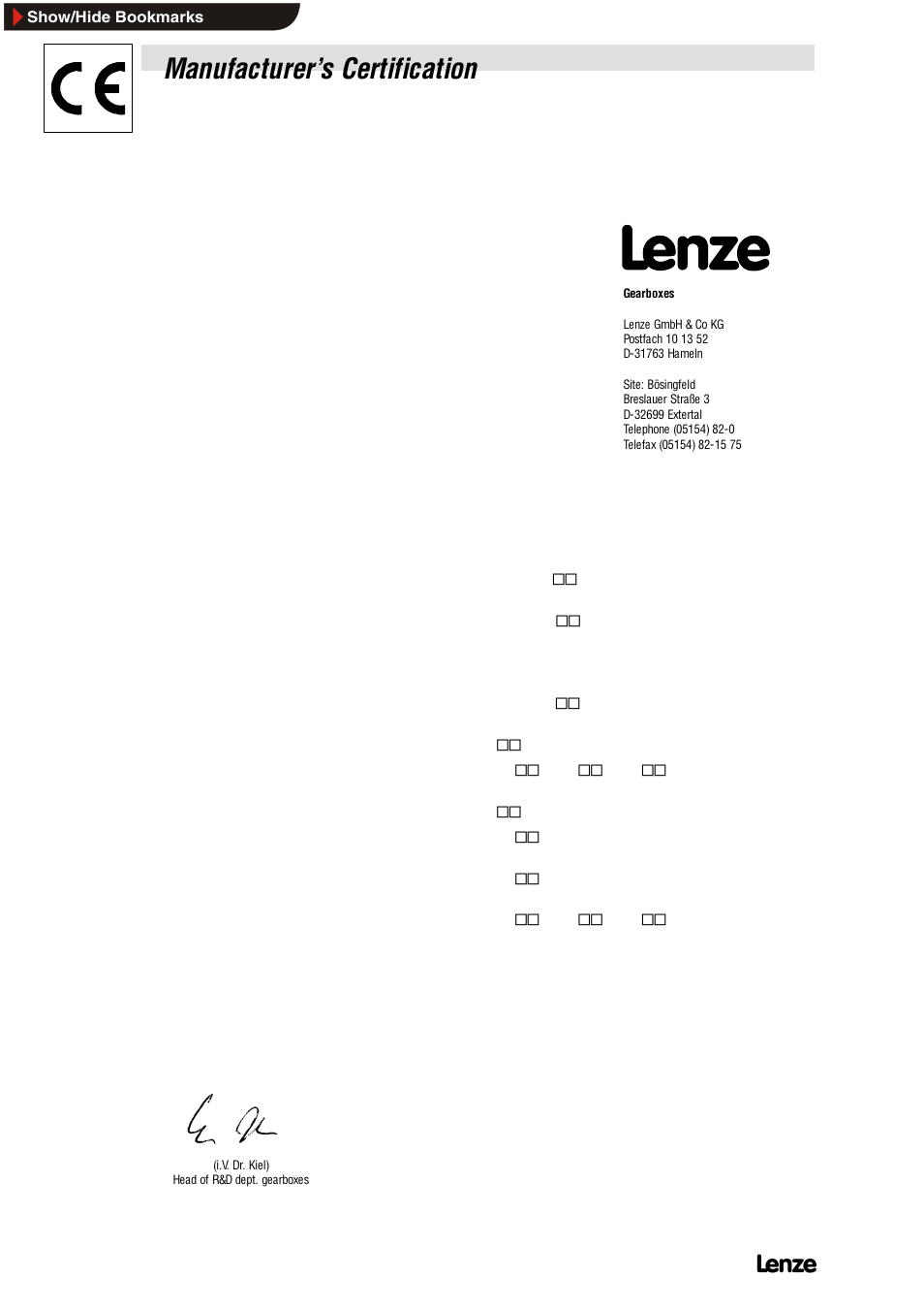Manufacturer's certification, Manufacturer’s certification | Lenze SIMPLABELT Compact Units User Manual | Page 28 / 30