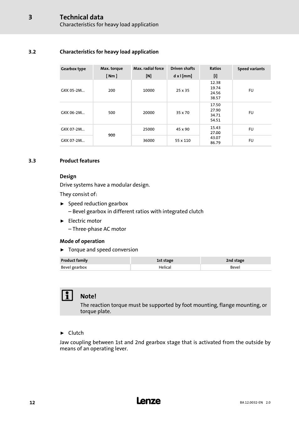 2 characteristics for heavy load application, 3 product features, Technical data | Lenze GKK User Manual | Page 12 / 32