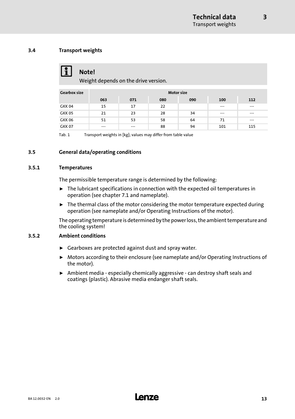 4 transport weights, 5 general data/ operating conditions, 1 temperatures | 2 ambient conditions, 5 general data/operating conditions, Temperatures, Ambient conditions, Technical data | Lenze GKK User Manual | Page 13 / 32
