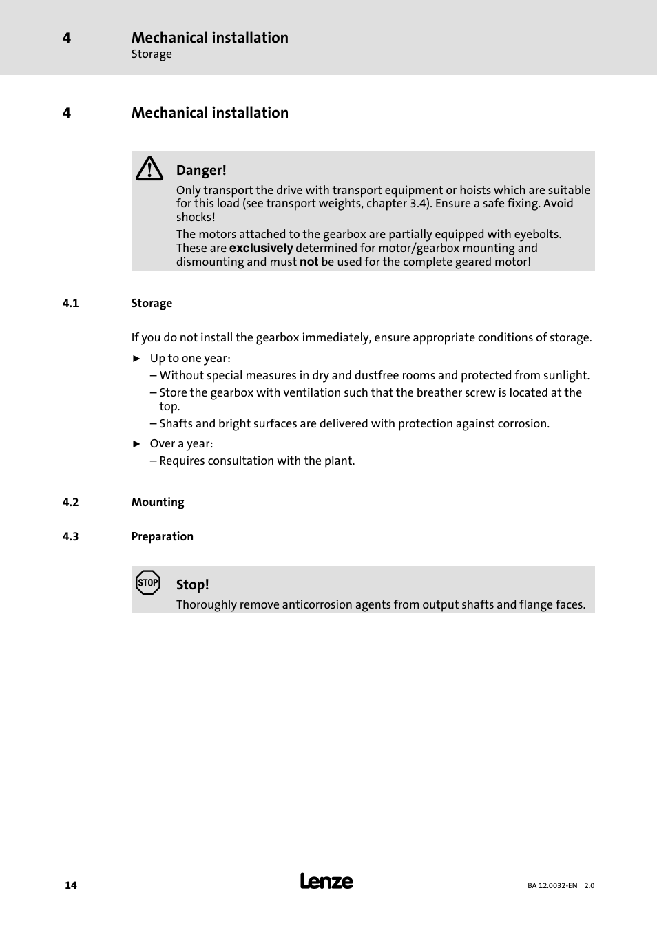 4 mechanical installation, 1 storage, 2 mounting | 3 preparation, Mechanical installation | Lenze GKK User Manual | Page 14 / 32