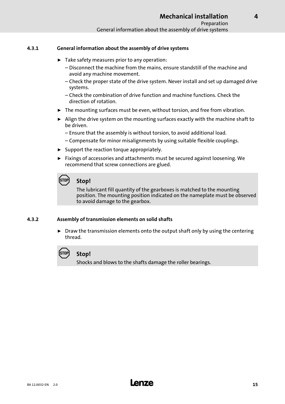 Assembly of transmission elements on solid shafts, Mechanical installation | Lenze GKK User Manual | Page 15 / 32