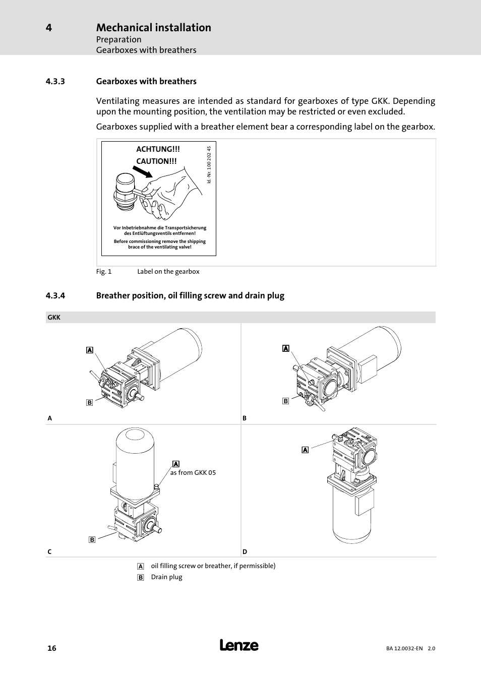 3 gearboxes with breathers, Gearboxes with breathers, Mechanical installation | Lenze GKK User Manual | Page 16 / 32