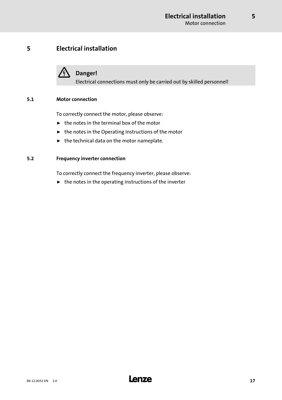 5 electrical installation, 1 motor connection, 2 frequency inverter connection | Electrical installation, 5electrical installation | Lenze GKK User Manual | Page 17 / 32