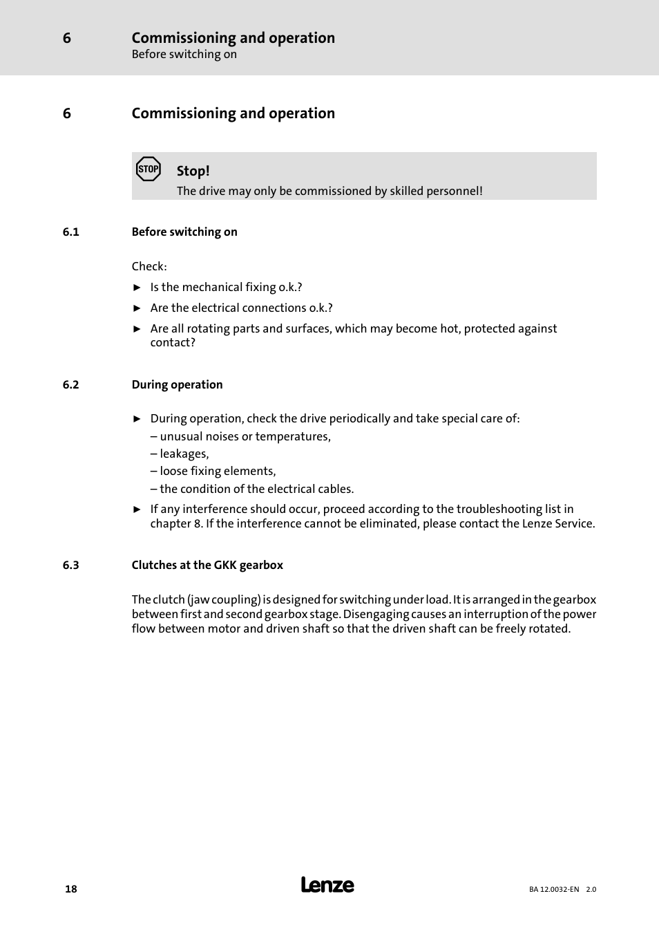 6 commissioning and operation, 1 before switching on, 2 during operation | 3 clutches at the gkk gearbox, Commissioning and operation, 6commissioning and operation | Lenze GKK User Manual | Page 18 / 32