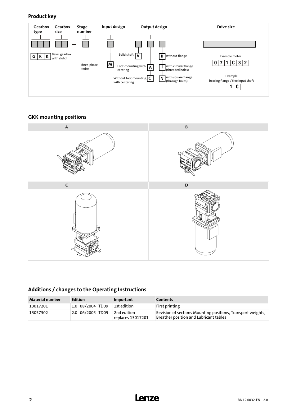 Product key, Gkk mounting positions, Additions / changes to the operating instructions | Lenze GKK User Manual | Page 2 / 32