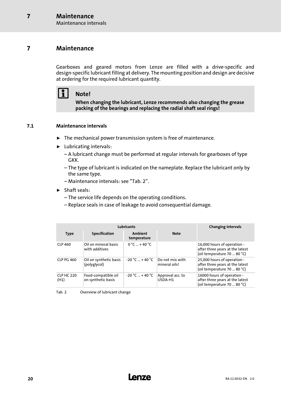 7 maintenance, 1 maintenance intervals, Maintenance | 7maintenance | Lenze GKK User Manual | Page 20 / 32