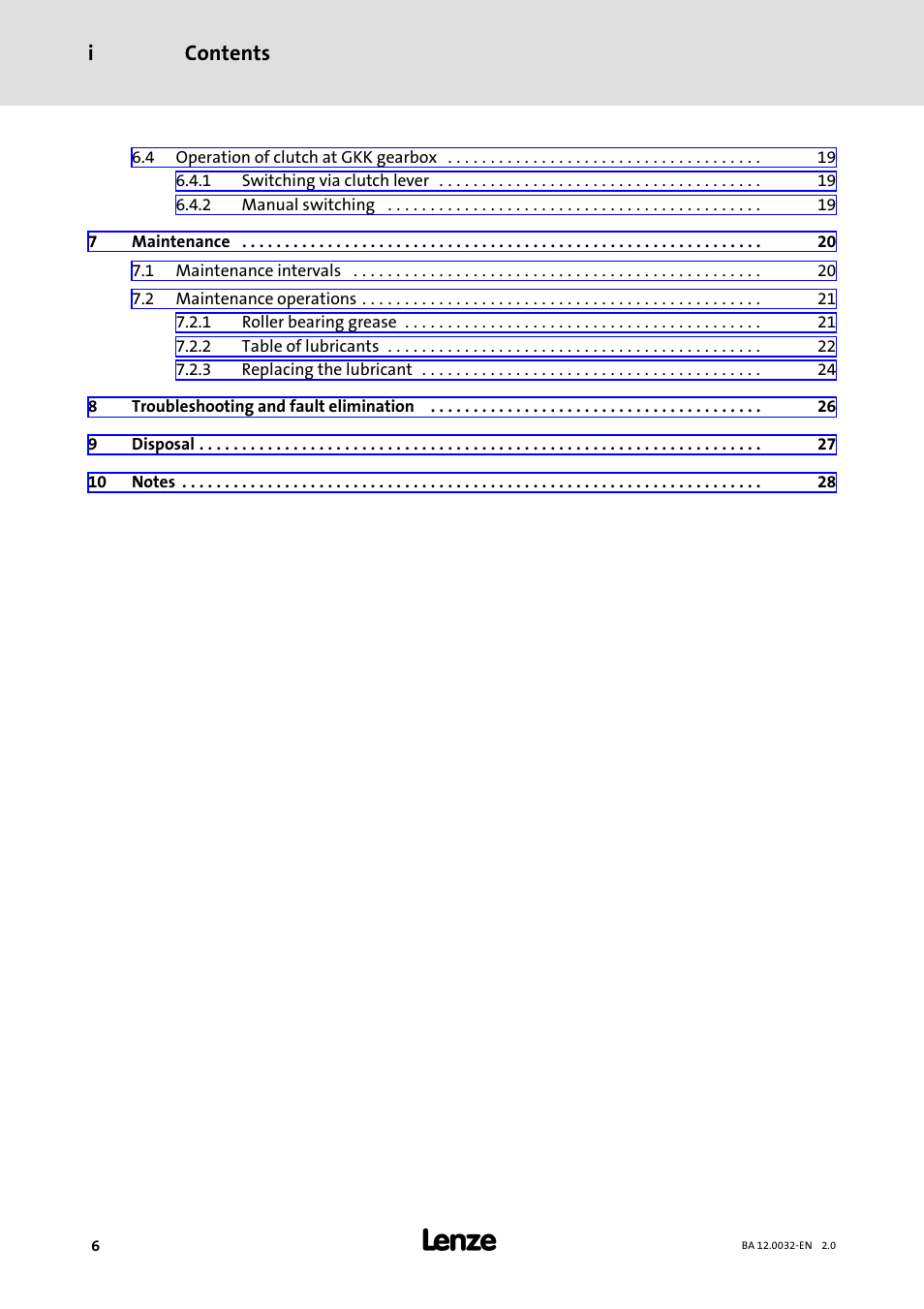 Contents i | Lenze GKK User Manual | Page 6 / 32