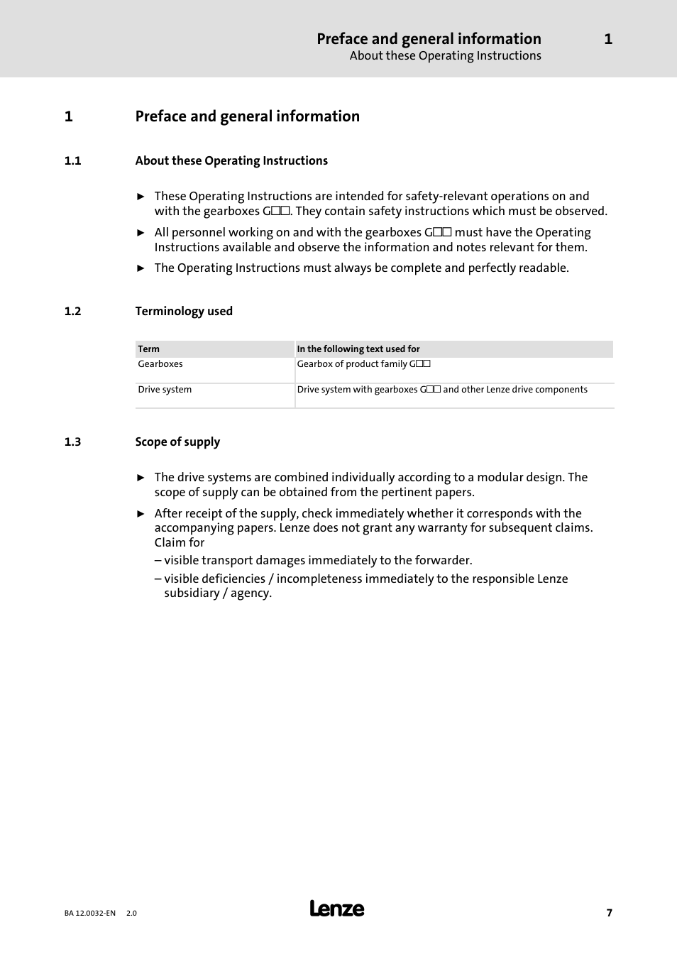 1 preface and general information, 1 about these operating instructions, 2 terminology used | 3 scope of supply, Preface and general information, 1preface and general information | Lenze GKK User Manual | Page 7 / 32