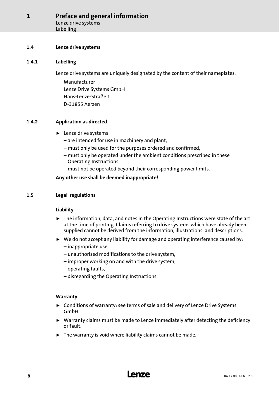 4 lenze drive systems, 1 labelling, 2 application as directed | 5 legal regulations, Labelling, Application as directed, Preface and general information | Lenze GKK User Manual | Page 8 / 32