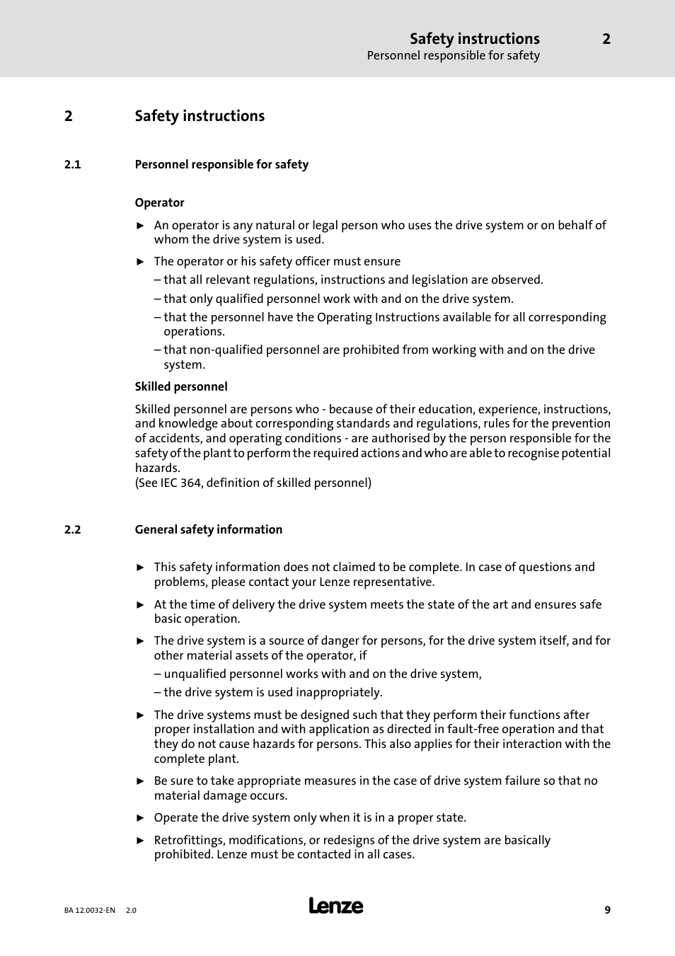2 safety instructions, 1 personnel responsible for safety, 2 general safety information | Safety instructions, 2safety instructions | Lenze GKK User Manual | Page 9 / 32