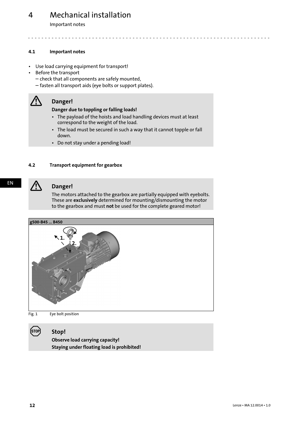 4 mechanical installation, 1 important notes, 2 transport equipment for gearbox | Mechanical installation, Important notes, Transport equipment for gearbox | Lenze g500 User Manual | Page 12 / 36