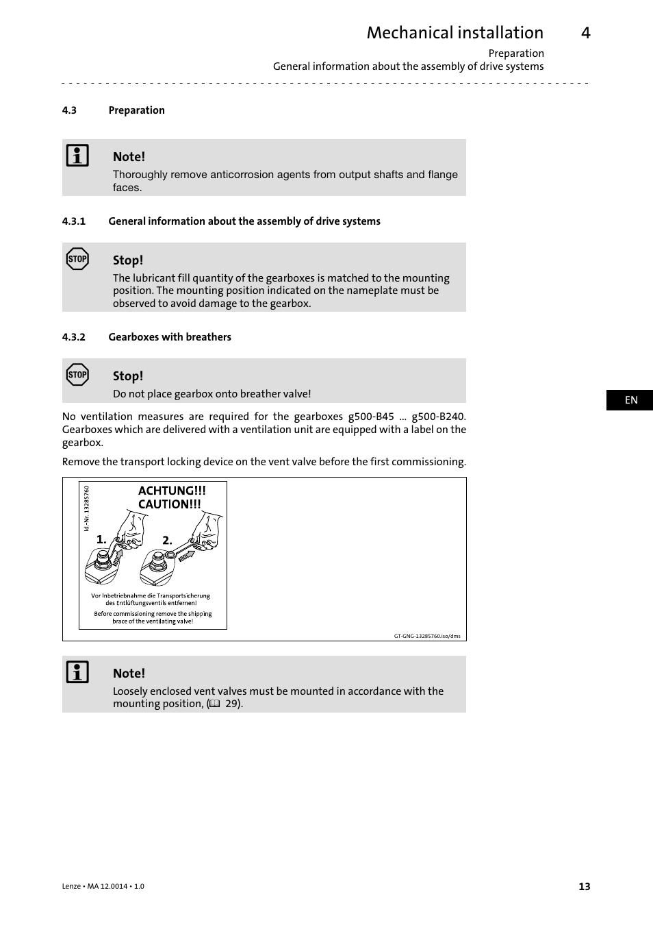 3 preparation, 2 gearboxes with breathers, Preparation | Gearboxes with breathers, Mechanical installation | Lenze g500 User Manual | Page 13 / 36