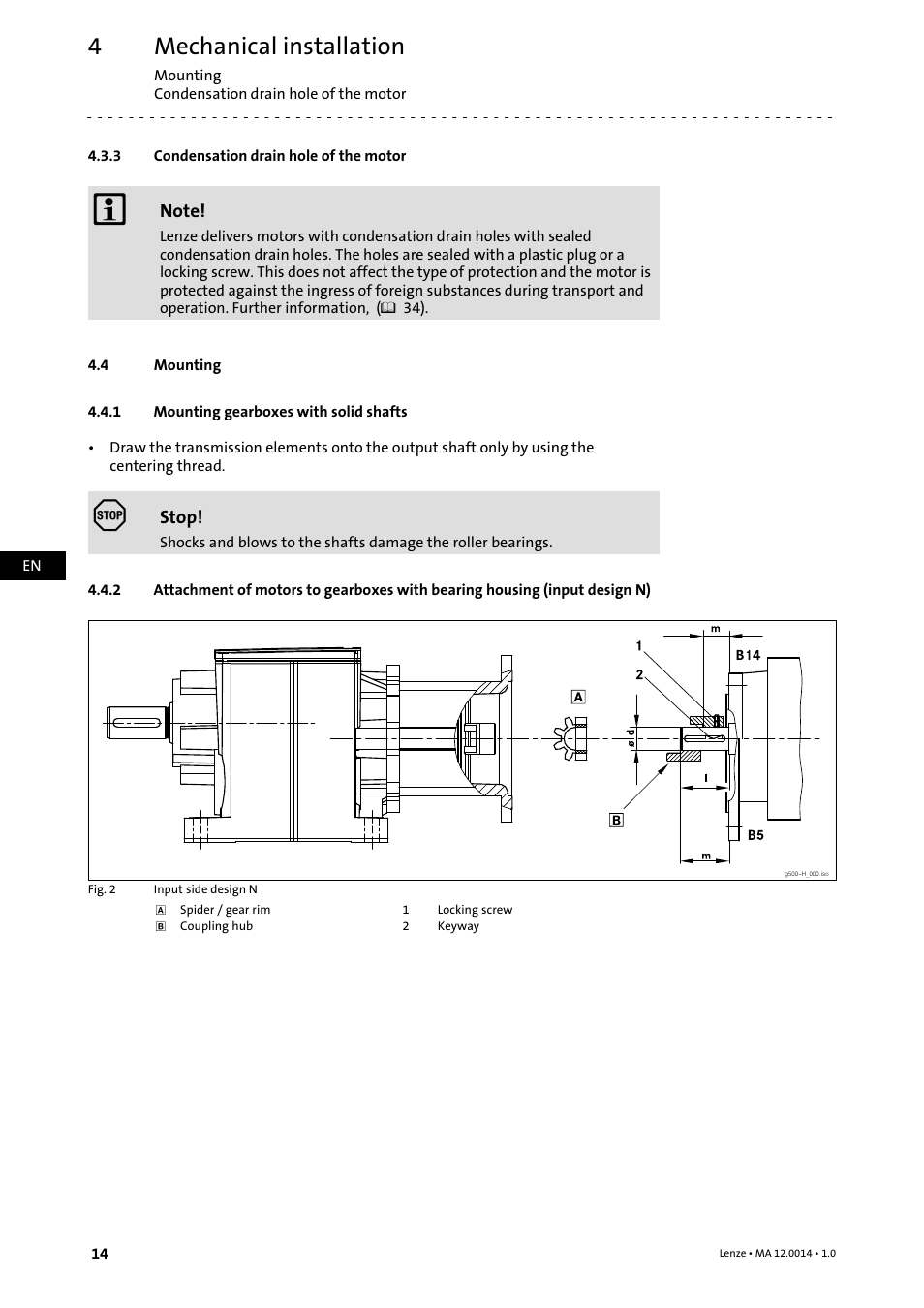 3 condensation drain hole of the motor, 4 mounting, 1 mounting gearboxes with solid shafts | Condensation drain hole of the motor, Mounting, Mounting gearboxes with solid shafts, Mechanical installation | Lenze g500 User Manual | Page 14 / 36