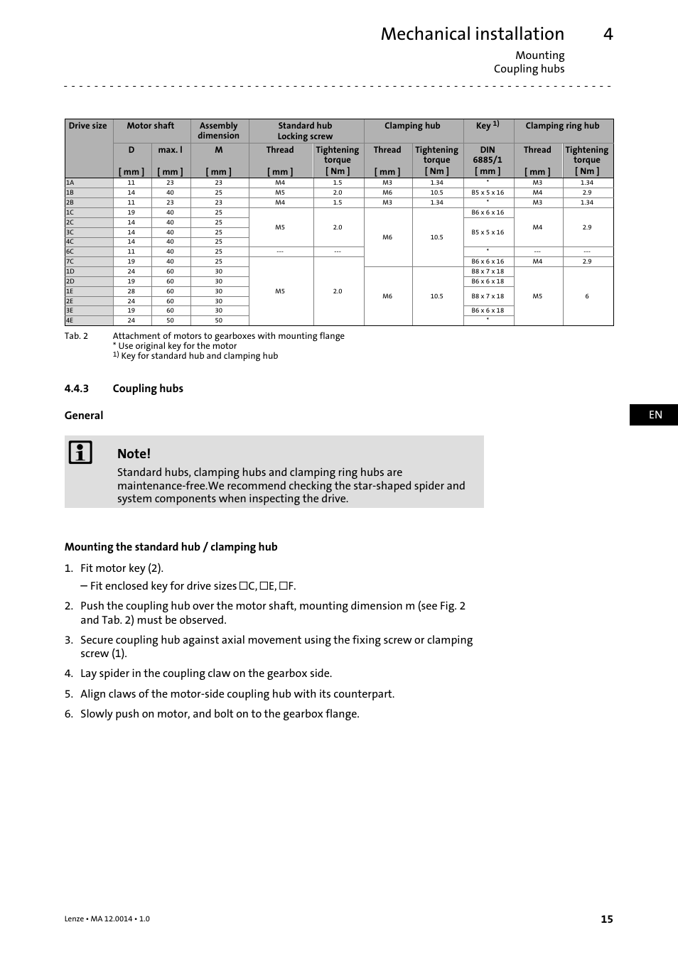 3 coupling hubs, Coupling hubs, Mechanical installation | Mounting coupling hubs, En 15, 3 coupling hubs general | Lenze g500 User Manual | Page 15 / 36
