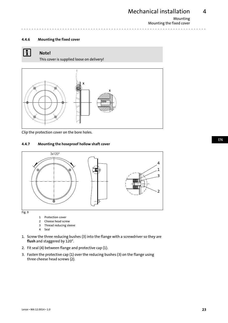6 mounting the fixed cover, 7 mounting the hoseproof hollow shaft cover, Mounting the fixed cover | Mounting the hoseproof hollow shaft cover, Mechanical installation | Lenze g500 User Manual | Page 23 / 36
